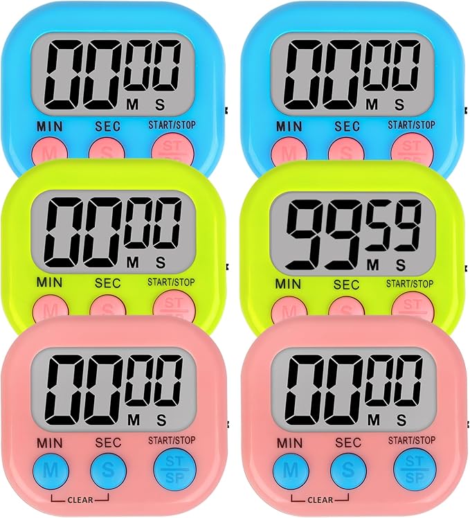 ZILLEEN Digital Kitchen Classroom Timers for Kids Cooking 6pcs Blu Grn Pk | Strong Magnetic, Large Screen, Big Button, Count Up/Down, Loud Alarm, Teacher Classroom Must Haves Supplies