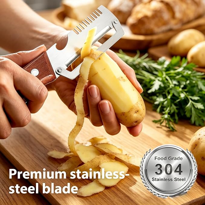 NEW Premium Vegetable Peeler with Wooden Handle and Bottle Opener: 2-in-1 Stainless Steel Kitchen Tool for Fruit Apple Potato Pumpkin Papaya (1Pack)