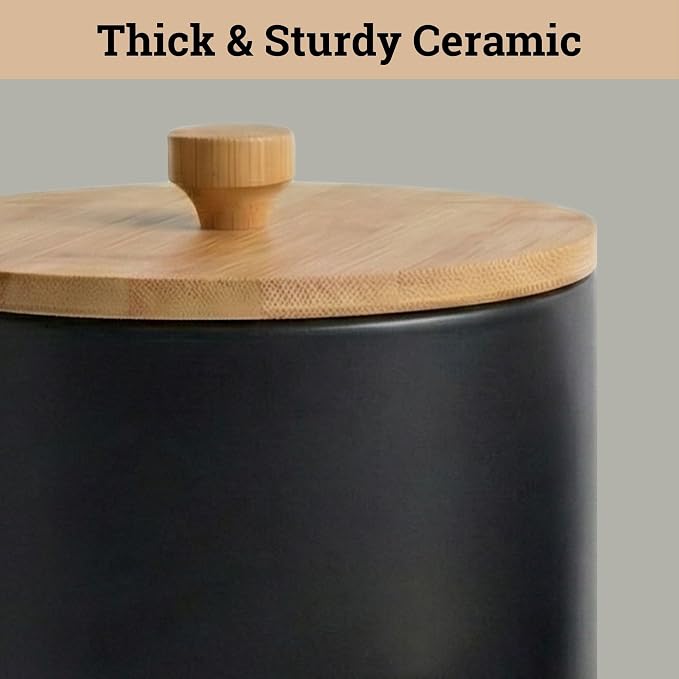 Ceramic Kitchen Canisters for Countertop Set of 3 w/ Airtight Bamboo Lids | Thick Sturdy Ceramic, Matte Finish, Airtight Easy Open Bamboo Lids, Comfortable Bamboo Handles, Jar Volumes: 2, 1, 0.5 quarts