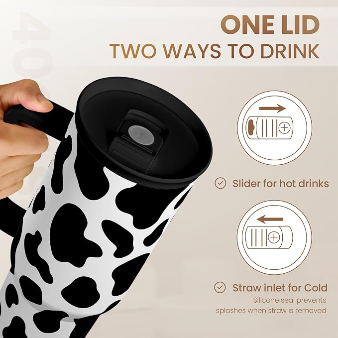 SANDJEST Cow Tumbler with Handle 40oz, Cow Print Cup Stainless Steel Tumblers Coffee Travel Cups with Slider Lid, Cow Gifts for Women Birthday Christmas Mothers Day