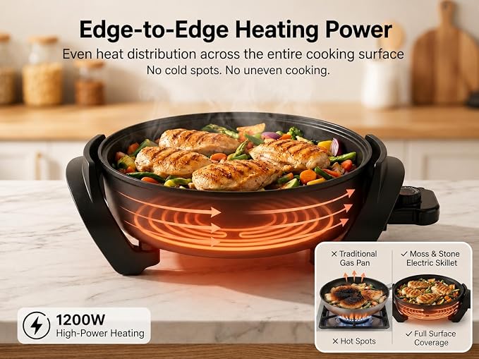 Moss & Stone Round Electric Skillet with Lid, 12-Inch Nonstick Frying Pan | 5 Qt Electric Frying Pan with Adjustable Temperature Control, Vented Glass Lid, Heat-Resistant Handles & Dishwasher Safe