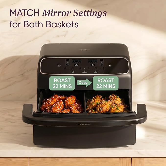 Cosori TWINFRY 9 QT Double Air Fryer, Removable Divider, PFAS-Free Ceramic | Dual 4.5Qt & Full 9Qt, Two Ways to Cook, 6-in-1, Independent Cooking, Match&Sync, Dishwasher-Safe, Countertop Friendly