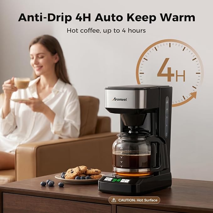 12 Cup Programmable Coffee Maker, 24-Hour Delay Brew, Drip Coffee | Large 1.8L Water Tank, Drip Coffee Machine with Glass Carafe & Reusable Filter, Measuring Spoon, 4-Hour Auto Keep Warm