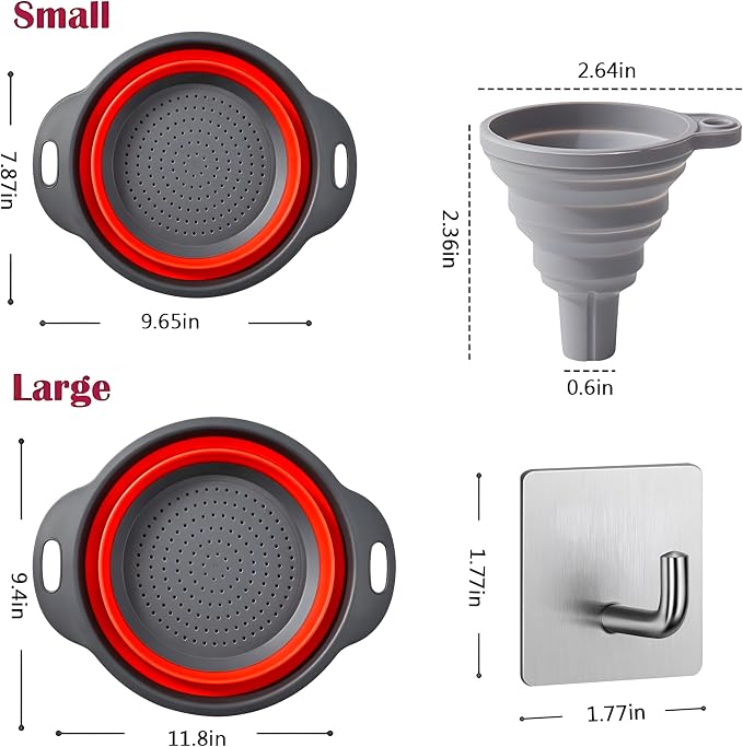 UVB Collapsible Colander Set, Foldable Kitchen Strainer for Pasta, Vegetables & Fruit, Complete Kitchen Set with 2 Stainless Steel Hooks & 2 Silicone Funnels – Red