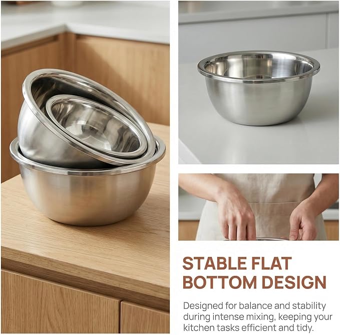3 Pcs 8.24 Quart Stainless Steel Mixing Bowls, Large Oversized Metal Bowls | For Mixing, Baking, Serving, Marinating, Meal Prep, Home Kitchens And Commercial Use