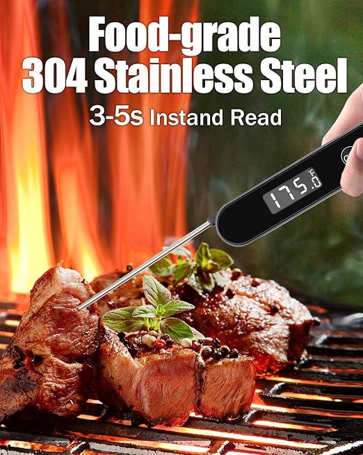 Meat Thermometer Digital,Instant Read Food Thermometer with Battery | Foldable probe,Fast Accurate Large Digital display,Magnetic and Hook Storage, Cooking Grilling Baking BBQ kitchen gadgets