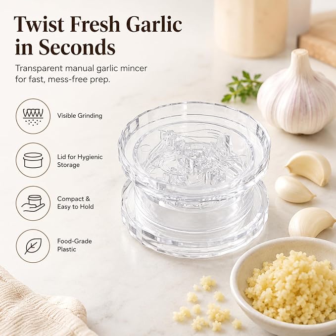 Clear Manual Garlic Twister and Ginger Mincer Tool, Manual Garlic Twister and Mincer, Garlic Crusher, Garlic Grinder, Compact Garlic Mincer Tool, Ginger, Herbs (4 PCS)