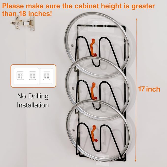Durmmur 2 Pack Pot Lid Organizer, 6-Tier Lid Holder for Cabinet Door & Wall | Rustproof Metal Lid Organizer with No-Drill Adhesive Mounting for Pot and Pan Lids, Space-Saving Kitchen Storage, Black