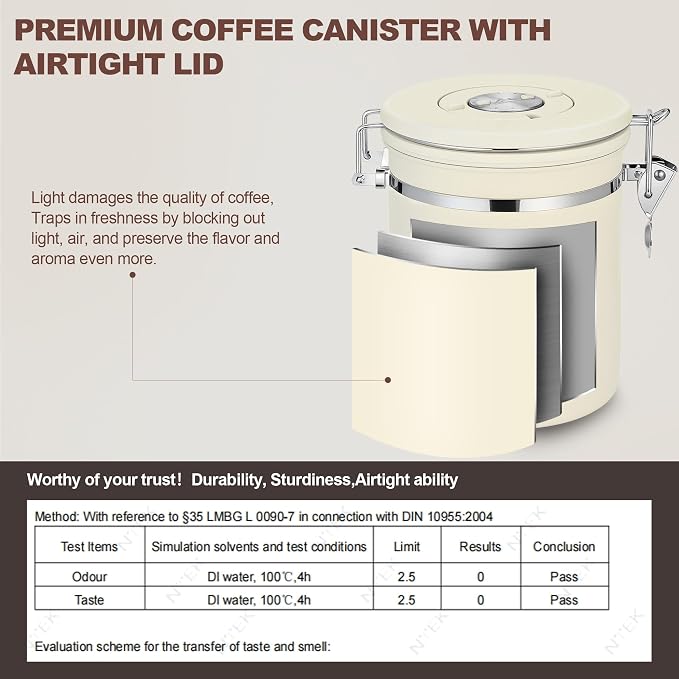 ShanSon Coffee Canister Airtight, Stainless Steel Bean Storage Container with Date Tracker & Scoop, Grounds Sugar Flour Tea Cereal Fits Kitchen Pantry, Ideal Gift for Coffee Lovers,12oz,Beige