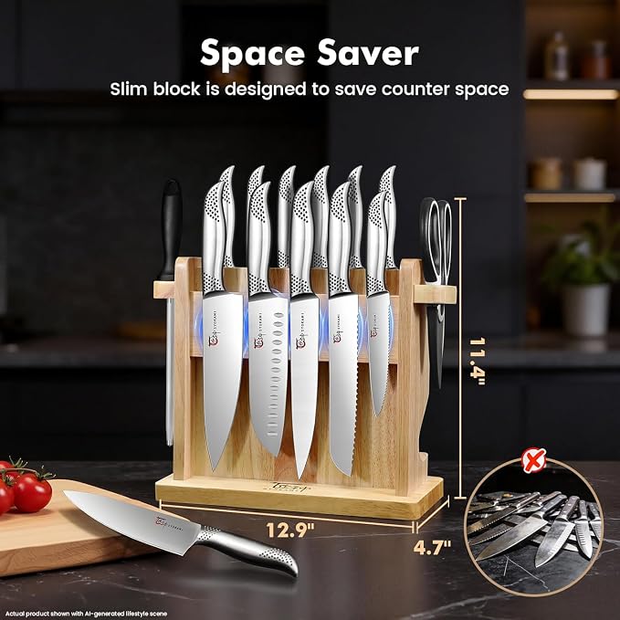 Japanese Knives Set for Kitchen, Magnetic Knife Set with Block and Sharpener, Stainless Steel Knife Set as Gift for Couple, Wedding, Women or Mom with Gift Box, 14 PCS Black Dot