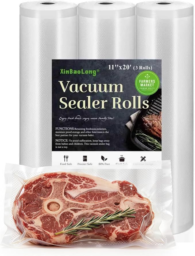 Vacuum Sealer Bags 3 Rolls 11"x20' Freezer Bags | Commercial Grade, BPA Free, Customized Size, Sous Vide Cooking, Puncture Prevention, Kitchen Essentials, Kitchen Gadgets
