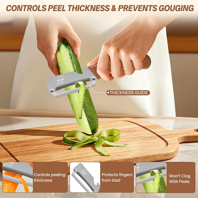 MultiFunctional Vegetable Peeler, Non-Slip Wooden Handle with Sharp Stainless Steel Blade, Built-in Bottle Opener - Perfect Kitchen Peeler For Veggie, Fruit, Potato, Carrot, Apple