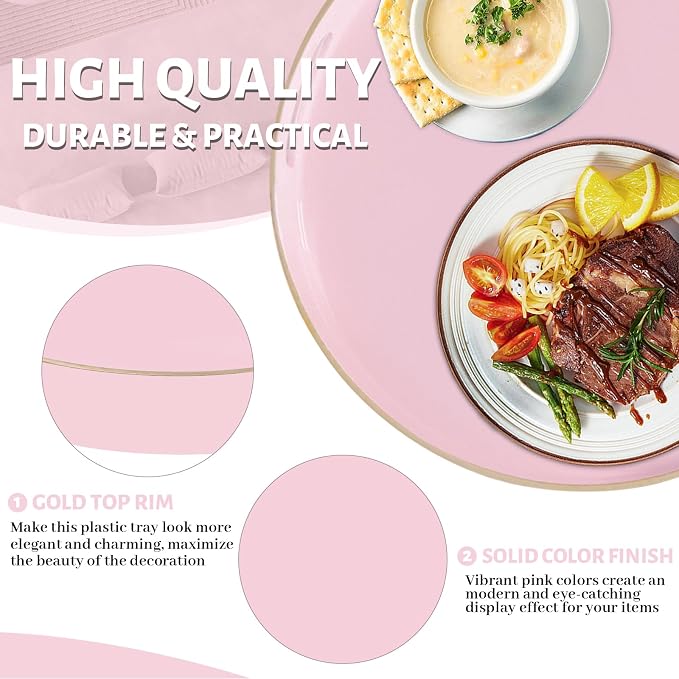 13" Pink Decorative Tray, Plastic Round Serving Tray with Handles | Decorative Tray for Coffee Table, Modern Ottoman Tray, Circle Tea Tray, Round Melamine Tray for Living Room, Bathroom