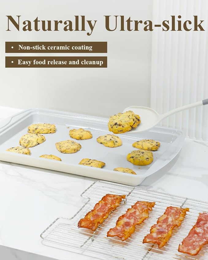 Nonstick Crisp Baking Tray With Wire Rack, Ceramic Coating Jelly Roll 15x10 Cookie Sheet Pan, Non-Toxic, PTFE & PFOA Free, Oven Safe 550°F, Dishwasher Safe, Aluminized Steel, Sunshine Cream