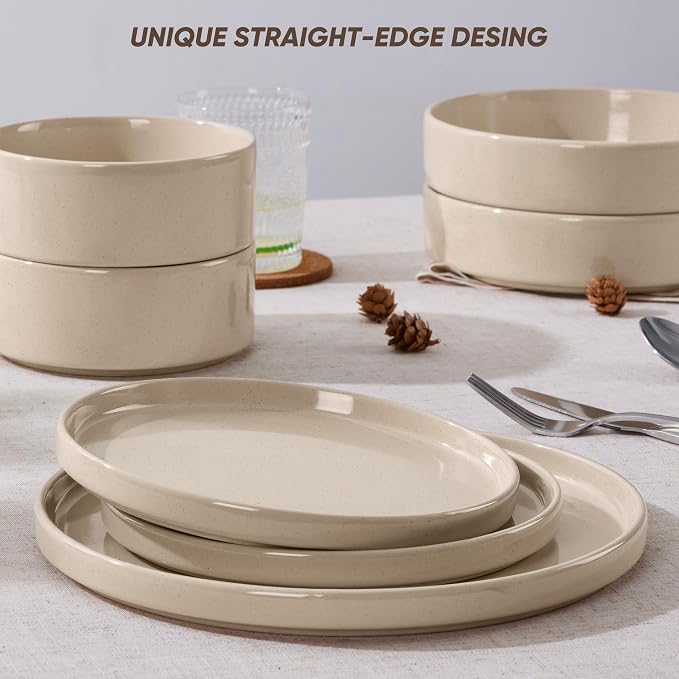 E-far Dinnerware Sets with Pasta Bowls, 24-Piece, Speckled Khaki | Stoneware Plates and Bowls Sets for 6, Chip and Scratch Resistant, Microwave & Dishwasher Safe Kitchen Modern Dish Set
