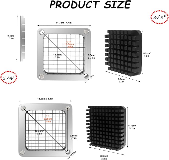 2Pcs 1/4''&3/8''Commercial Vegetable Replacement Chopper Blade | Replacement Chopper Dicer Stainless Steel Blade and Pusher Block for Fruit Cutting Machine Tomato onion French Fries Cutter