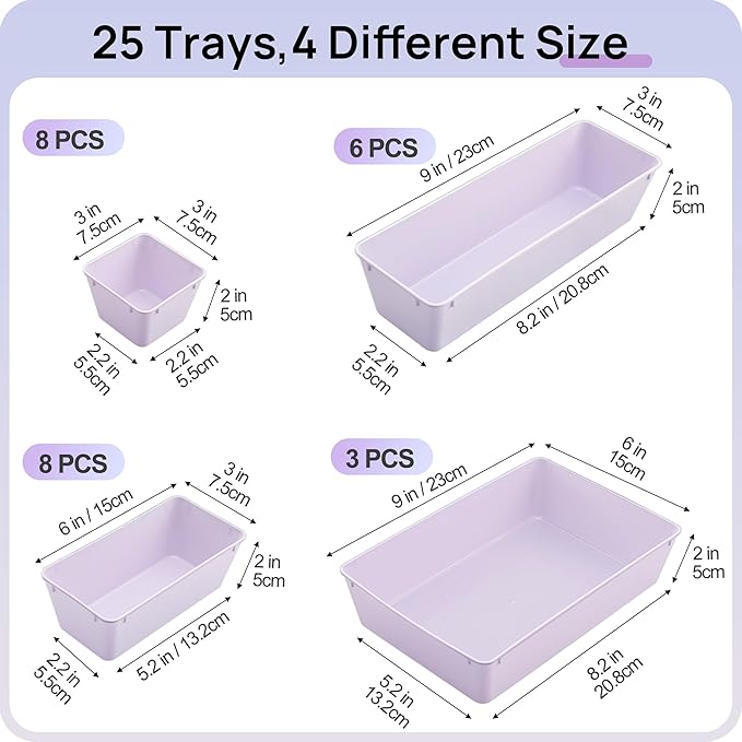 Vtopmart 25 Pack Plastic Drawer Organizers with Non-slip Rubber Pads | 4-Size Versatile Makeup Organizer, Storage Containers Small Bins for Makeup, Jewelries, Bedroom, Kitchen Utensils and Office