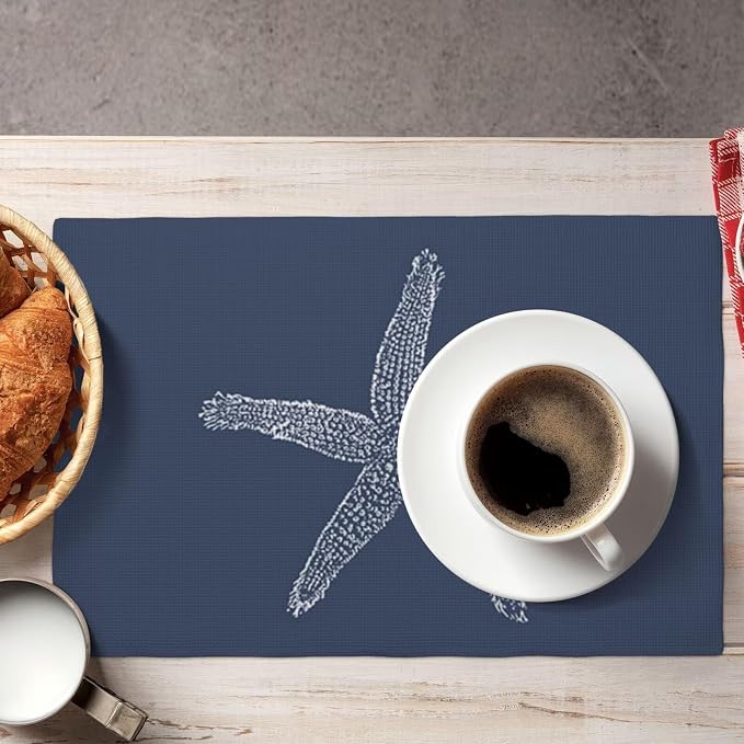 Summer Coastal Placemats Set of 4, Beach Theme Ocean Navy Blue Starfish Decorative Table Mat 12 x 18 Inch Heat Resistant Non Slip Line Fabric Nautical Place mat for Dining Table