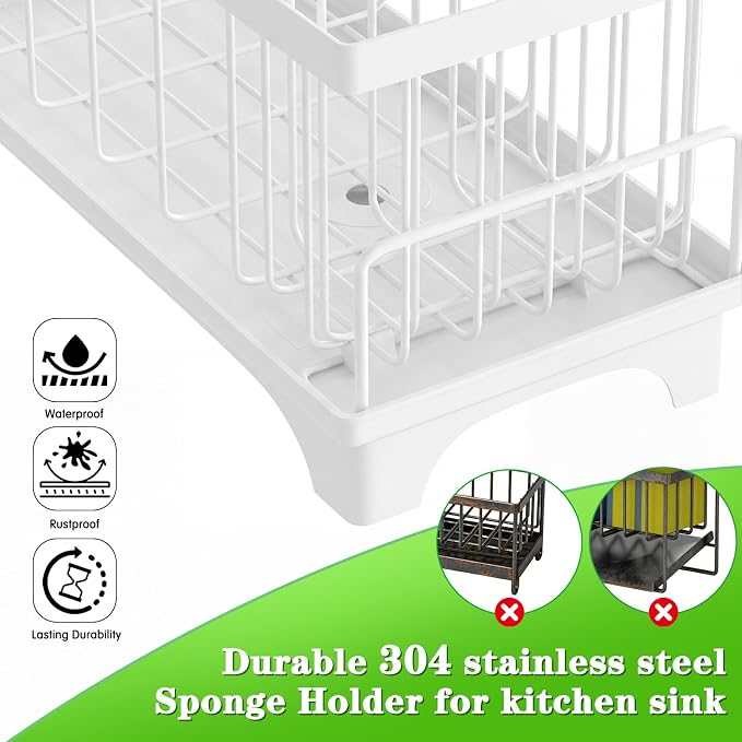 VOOWO Sponge Holder for Kitchen Sink, Compact Sink Caddy with Brush Holder | 304 Rustproof Stainless Steel Dish Soap Holder, Small Kitchen Sink Organizer, Self-Draining Dish Wand Holder with Towel Rack