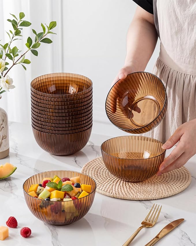 bUCLA 12 PCS Plastic Cereal Bowls Set - 28 Oz Clear Brown Disposable Vertical Stripes Serving Bowls for Snack, Salad, Dessert & Fruit