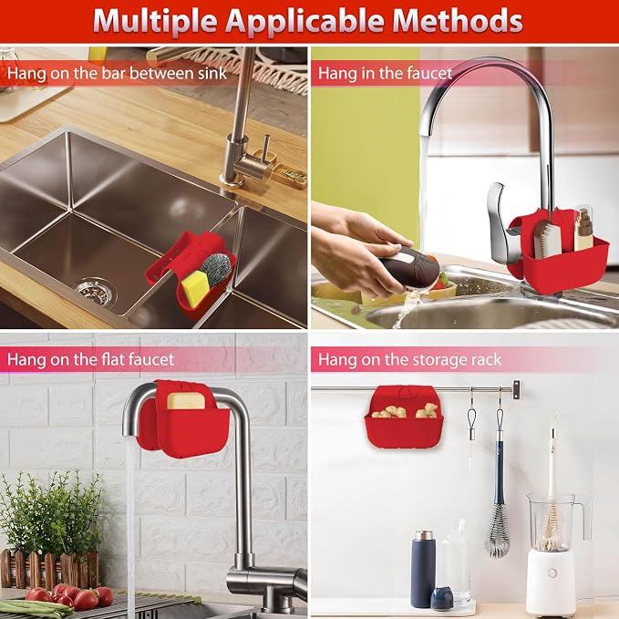 Sponge Holder for Kitchen Sink, Silicone Sink Saddle Caddy Organizer Rack, Sponges Holder Over Faucet, Hanging Kitchen Organizer Accessories Rack Basket Red