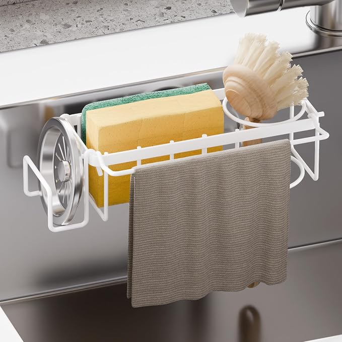 TAILI 4-in-1 Sponge Holder for Kitchen Sink with Strong Suction Cup-White | Removable Rustproof 304 Stainless Steel Multi-compartment Sponge Holder with Suction Cup, Keeps Brushes & Scrubbers Tidy