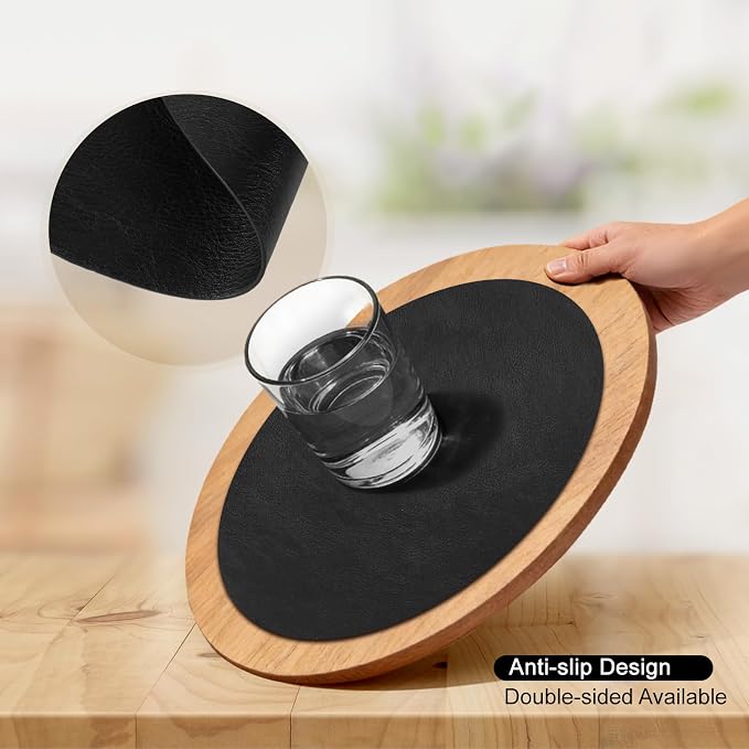 UnivoColors Placemats Round Faux Leather Placemats Set of 4-Waterproof-Wipe Clean-Heat Resistant-Anti Slip Dining Table Place Mats,Suitable for Indoor & Outdoor Use,15".Retro Black
