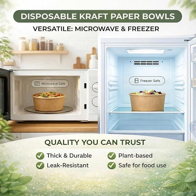 TOPtoper 36Oz 50Pcs Large Paper Bowls with Lids and Forks, Heavy Duty Disposable Meal Prep Containers for Hot/Cold Food, Soup, Disposable Bowls Bulk Soak-Proof for Party