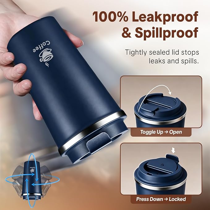 17oz Travel Coffee Mug ,Leakproof Vacuum Coffee Cup Insulated Tumbler | 304 Stainless Steel, Double-Wall Vacuum Insulated, Leakproof, Fits Hot & Cold Drinks Car Cup Holders, Travel, Office
