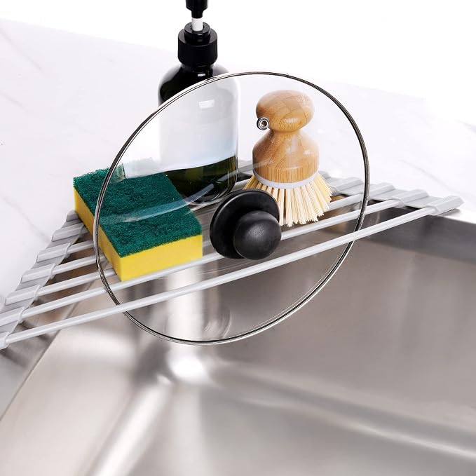 Tomorotec Triangle Roll Up Dish Drying Rack with Silicone Coating, Gray | 304 Stainless Steel with BPA-Free Silicone, Triangle Design Maximizes Sink Corner Space, Fits Compact Kitchens And RVs