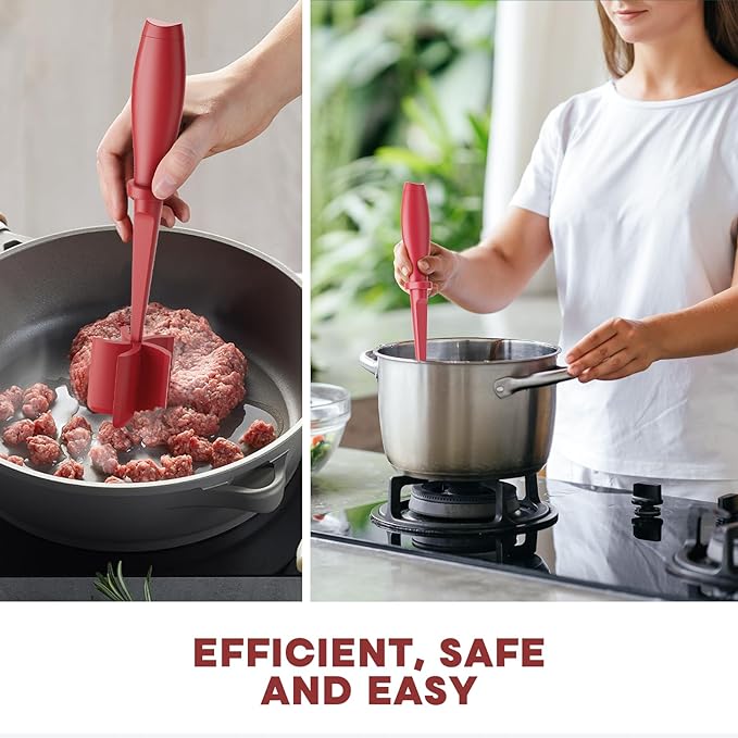 2 Pcs Meat Chopper, Upgrade Hamburger Grinder, Premium Heat Resistant Meat Masher for Ground Beef, Ground Turkey and More, Non Stick Mix Chopper, Hamburger Smasher Safe-Red | Heat Resistant, Food-Grade Nylon, for Ground Turkey/Chicken and More, Non Sti...