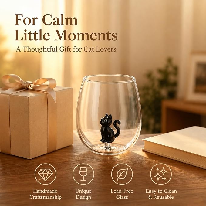 3D Black Cat Stemless Wine Glass Set of 2, Cat Decor Hand Blown Drinking Glasses, BlackCat Lover Gifts for Women Halloween Birthday Wedding Party Dad Gifts Cute Mothers Day Gift (14oz)