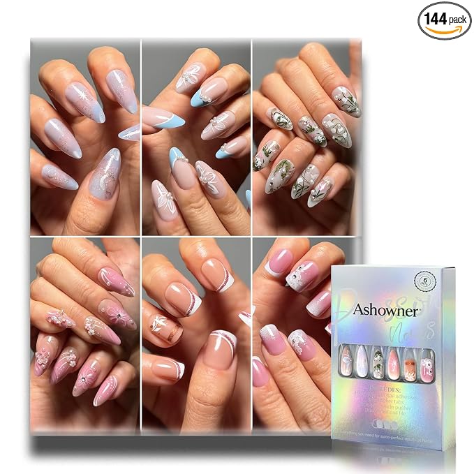 Press on Nails, 6 Packs (144 Pcs) Medium Almond Sets, Wedding French | 6-Style 12 Sizes, Glossy, Salon Quality, Reusable Full Cover, Pink Green Flower & Extra Short French Fake Nails