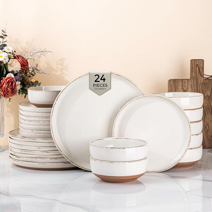 AmorArc Dinnerware Sets for 8, 24 Pieces Ceramic Plates and Bowls Set | Scratch Resistant Stoneware Dishes Set, Dishwasher & Microwave Safe, Light Beige