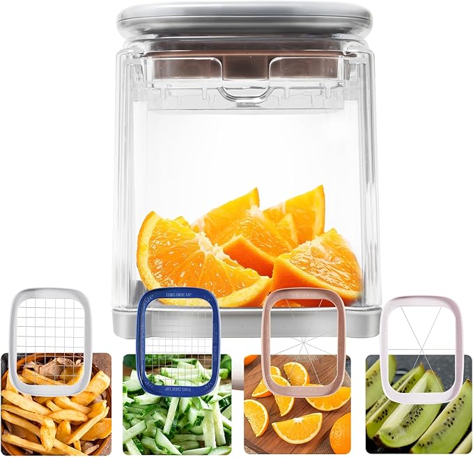 4-in-1 French Fry Cutter Potato Slicer with Container Manual Vegetable Chopper with 4 Blades Potato Cutter for Fries Apple Slicer & Onion Dicer