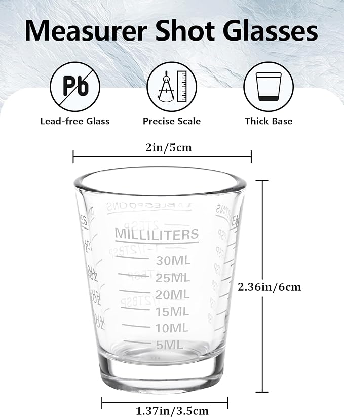 SAIAOKJ Shot Glass Measuring Cup Set, 2 Pack Espresso Shot Glasses (White) | Glass measuring cups feature 26 markings up to 1 OZ, 2 TBS, 6 TSP, 30 ML for espresso, liquor, medicine and recipes