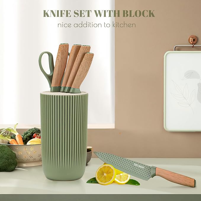 Kitchen Knife Set, Retrosohoo 6-Pieces Green Sharp Knife Set for Kitchen, Non-stick Non-slip Stainless Steel Chef Knife Set with Universal Knife Block Suitable for Home Restaurant (Green)