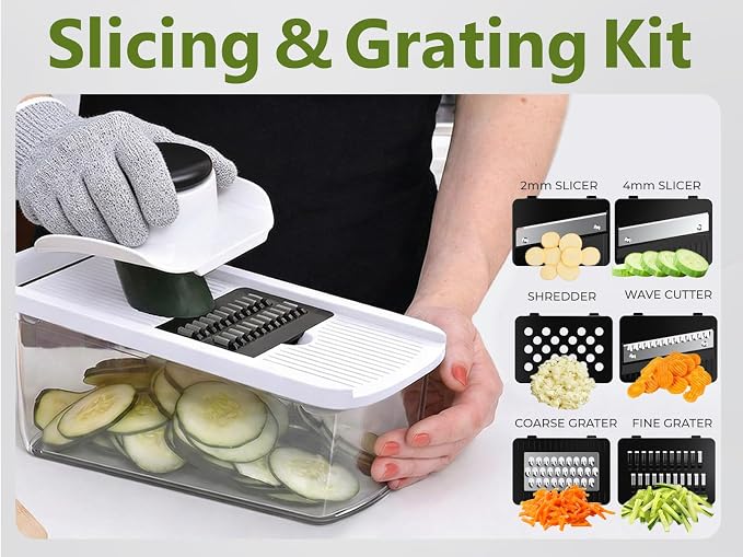 Multifunctional Vegetable Chopper & Mandoline Slicer with Spiralizer | Removable Grid ,8 Interchangeble Blades, Onion Chopper, Easy to Clean, Dishwasher Safe, Fruit Slicer Onion Dicer