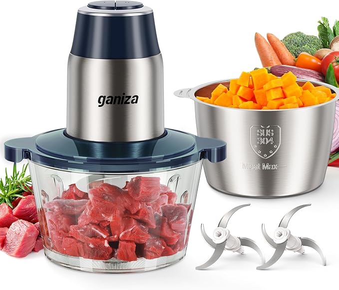 Ganiza Food Processors with 2 Bowls, 450W Meat Grinder Vegetable Chopper | 2-Speed Electric Food Chopper with 8 Cup Glass & 8 Cup Stainless Steel Bowls -Includes 2 Sets of Blades for Fruits/Meat/Nuts