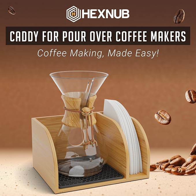 Pour Over Caddy for Chemex Bodum Cosori Coffee Makers Black | Handmade Bamboo Stand, Filter Holder, Heatproof Mat for a Cleaner Coffee Station