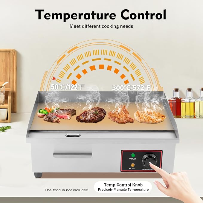 Commercial Electric Griddle 22" 110V 1600W, Stainless Steel Countertop Flat Top Grill, Electric Hot Plate BBQ Griddle, Tabletop Design, Temperature Control 50-300℃, for Restaurant Home