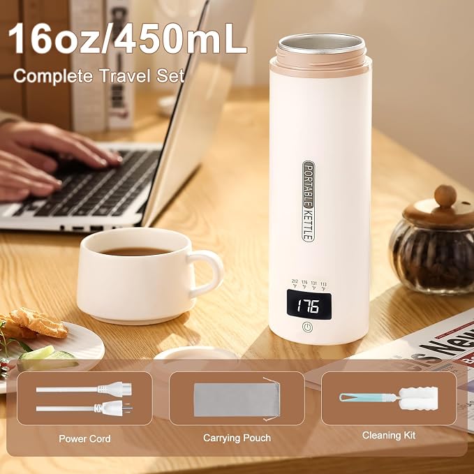 Travel Kettle, Portable Electric Kettle for 4 Temperature Controls, Cream | 304 Stainless Steel Liner, Auto Shut-off, 300W (120V) Fast Boiling, Water Bottle for Business Trips, Dorm & Office, 450ml