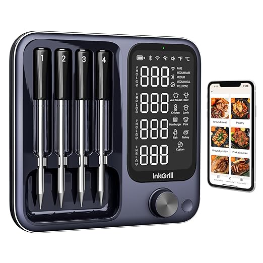Wireless Meat Thermometer with APP Control，4 Probes Meat Thermometer Digital, Unlimited Range WiFi & Bluetooth Meat Thermometerfor for Rotisserie, Grill, Oven, Smoker, BBQ, Air Fryer