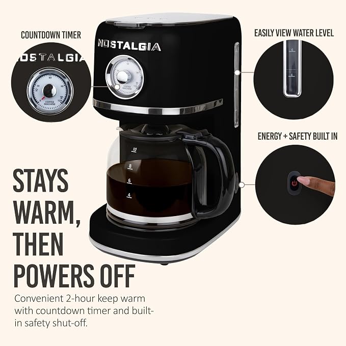 Nostalgia Classic Retro 10 Cup Coffee Maker - One-Touch Drip Brew, Reusable Filter - Anti-Drip, Auto Shutoff, & Time Display - Dishwasher Safe 50 oz Carafe - Black
