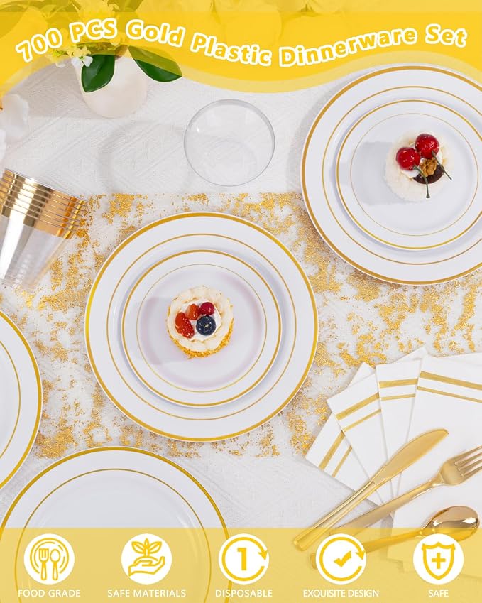 GATHER 700PCS Gold Plastic Dinnerware Set for 100 Guests for Wedding Party | White and Gold Disposable Dinnerware Sets include 200 Plate, 300 Silverware, 100 Cups, 100 Napkins for Anniversary