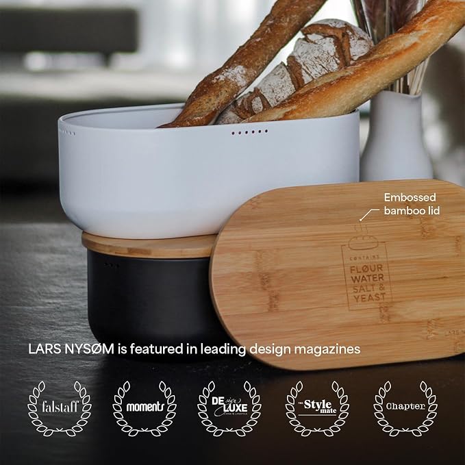 LARS NYSØM Bread Box I Metal Box for long lasting freshness I Bread Bin with bamboo lid usable as cutting board I 13.8x7.7x5.3 In (Nordic Sage)