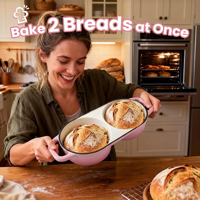 YONILL Mini Double Dutch Oven with Lid for Sourdough Bread Baking (Pink) | Enameled Cast Iron Pot with Lid, 5" Banneton Bread Proofing Basket Include, Dual Round Bread Loaf Pan for Homemade Baking