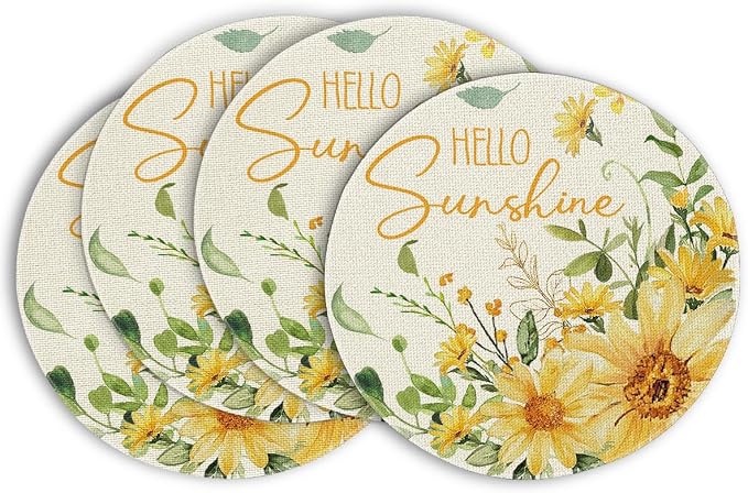 Artoid Mode Hello Sunshine Sunflower Round Summer Placemats Set of 4, 14 Inch Spring Round Table Mats for Dining Decoration