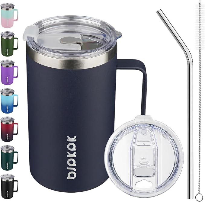 BJPKPK 25oz Insulated Coffee Mug with Handle, Stainless Steel Travel Mug | Keeps Drinks Hot & Cold, Double Wall Vacuum, 2 Lids Included, BPA-Free Coffee Tumbler for Home, Office & Travel