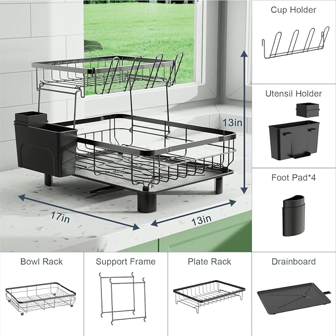 Small 2 Tier Dish Drying Rack, Space Saving Dish Racks for Kitchen Counter, Kitchen Organizer Dish Drainer with Cutlery Holder for Spoons and Forks, 11''W x 15''L, Black
